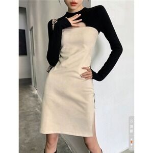 A-line retro Design Suede Knit Color-Block Cutout‎ Spliced Dress for Women nwot